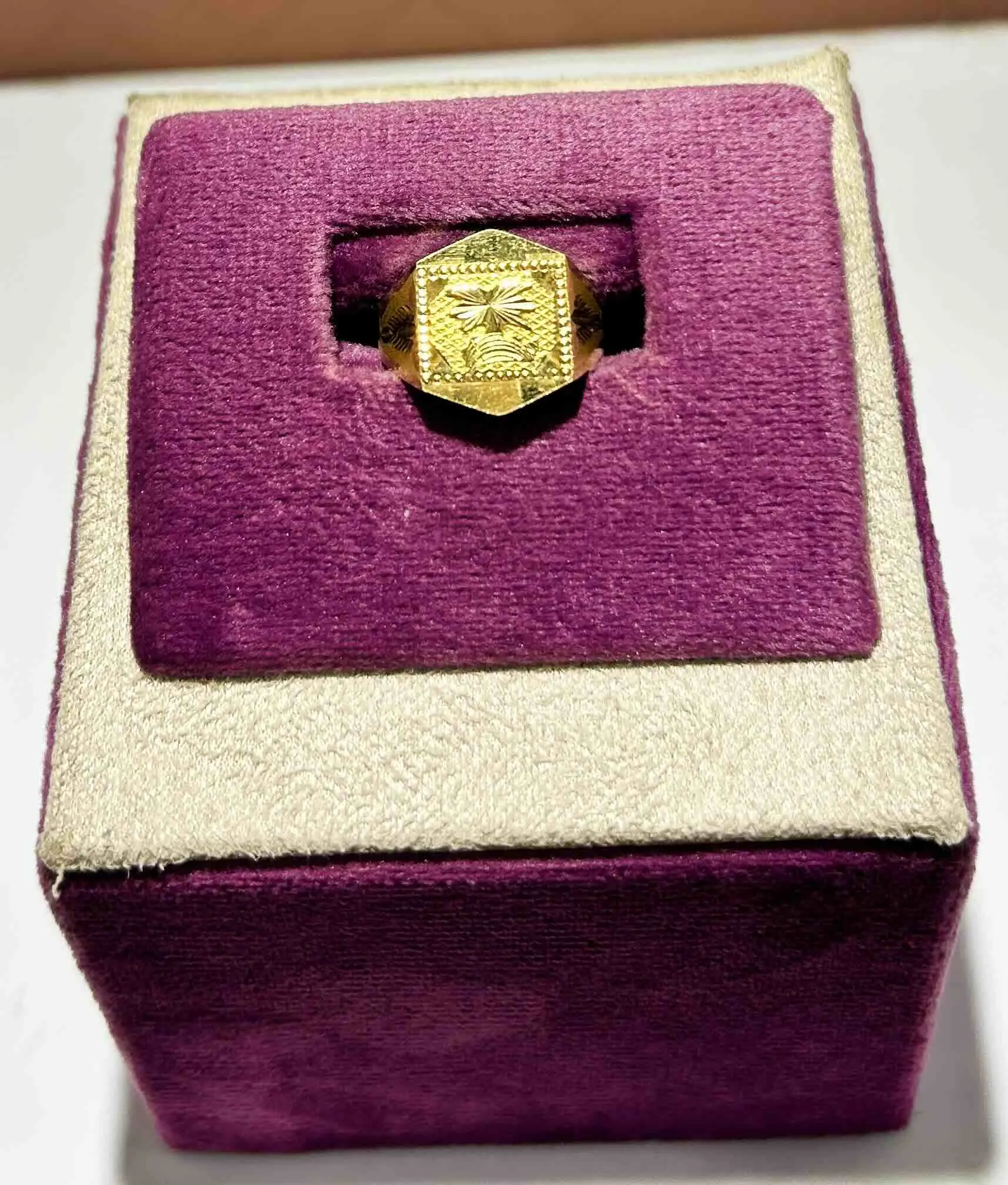 3/93 Square Engraved Gold Ring with Star Motif