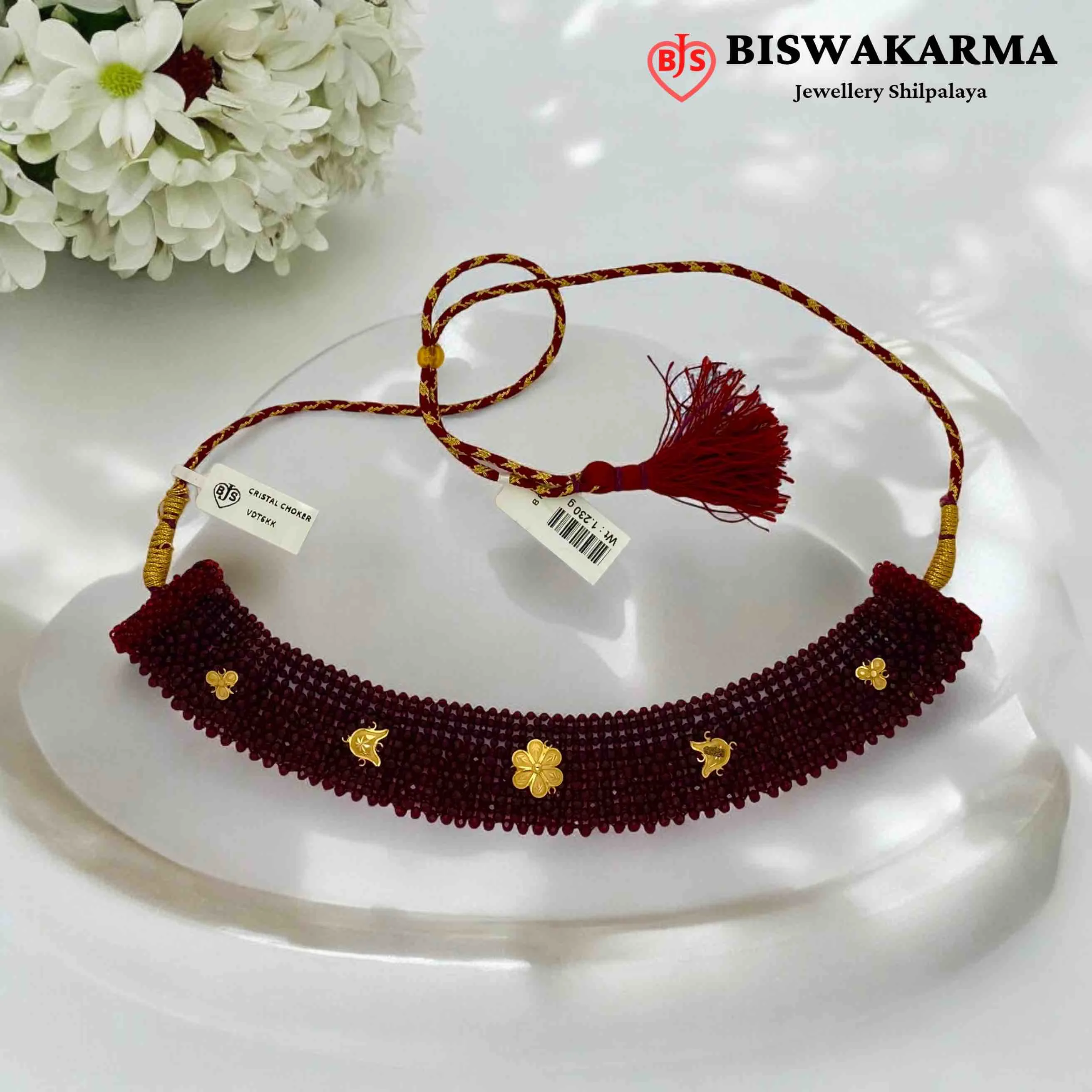 46/21 Maroon Bead Floral Crystal Choker