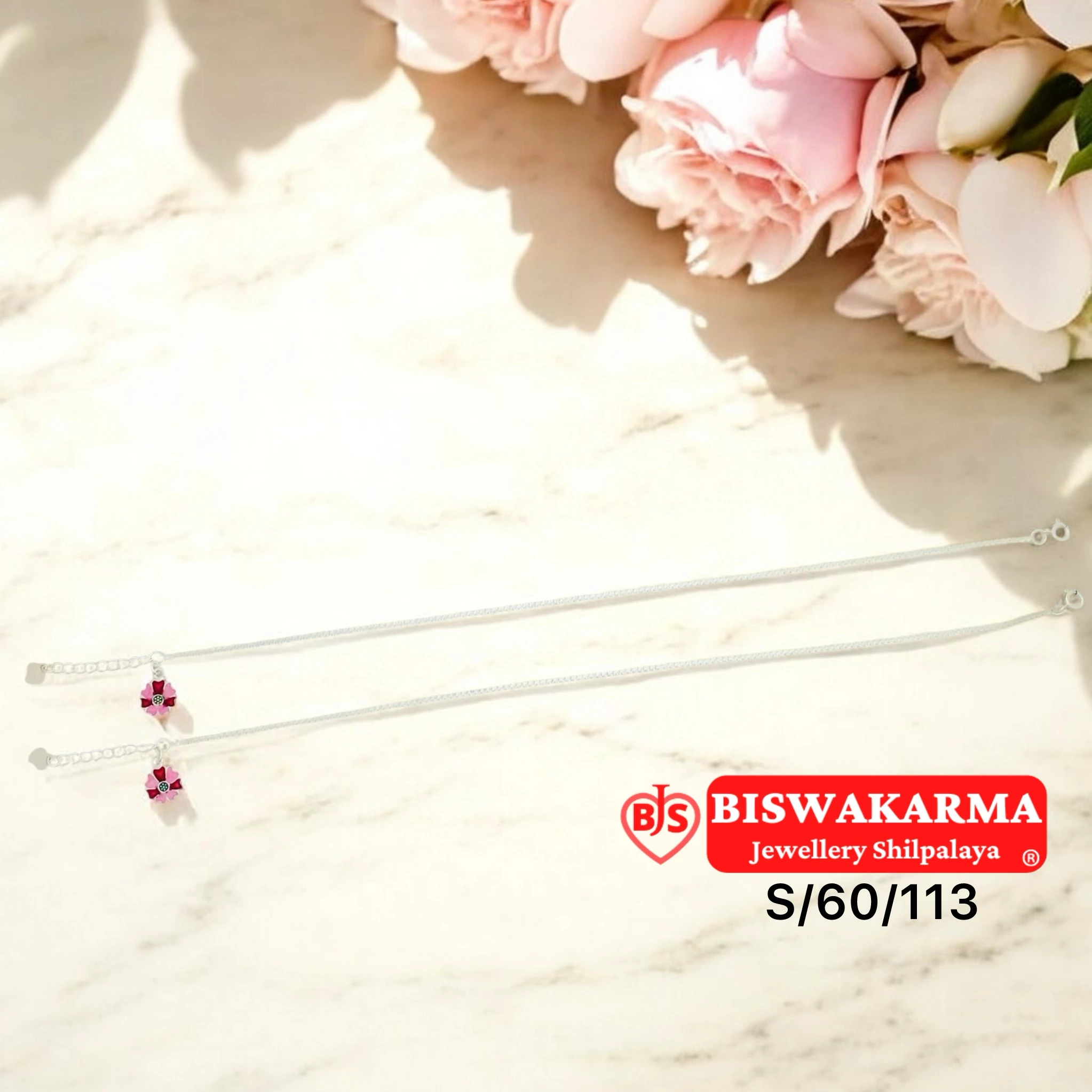 S/60/113 Pink Dot Silver Anklet