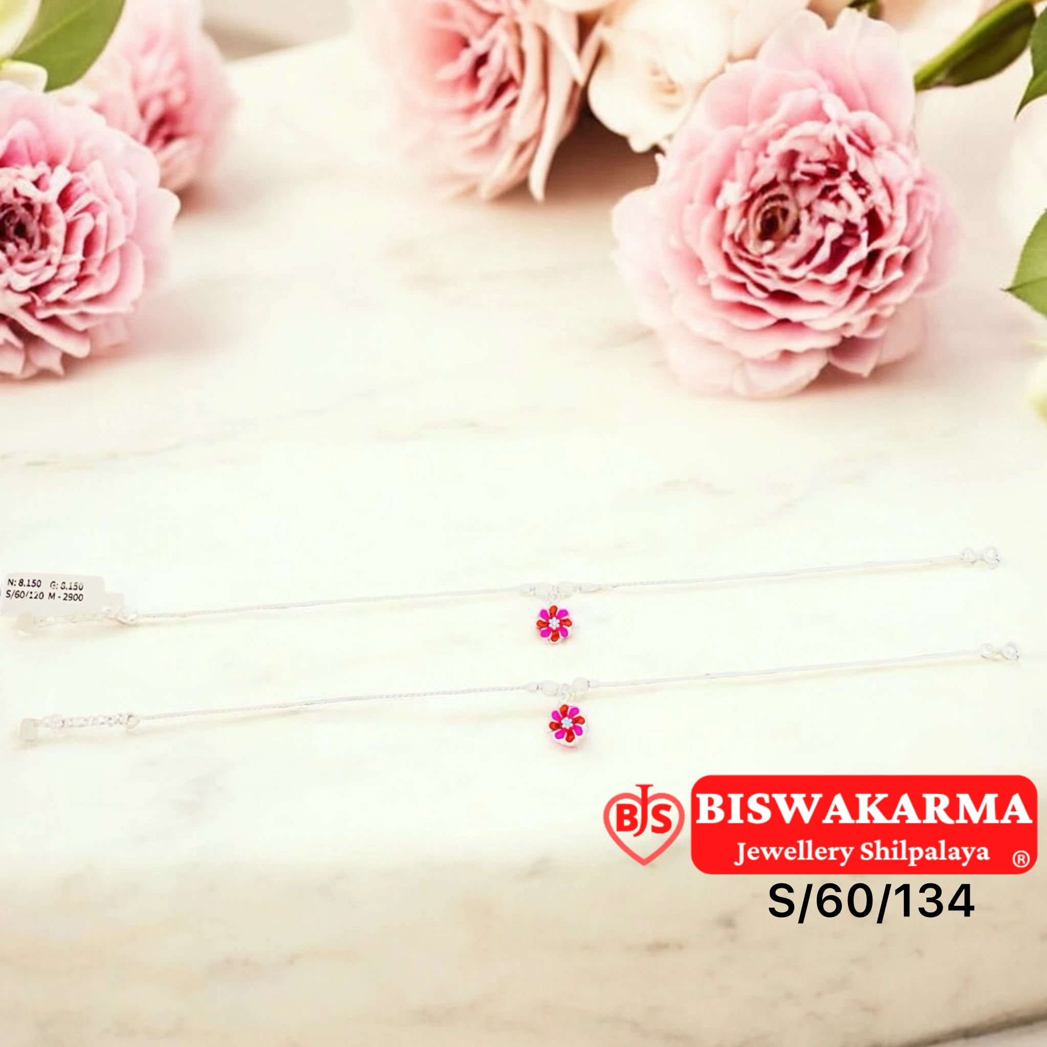 S/60/134 Mini Pink Flower Silver Anklet