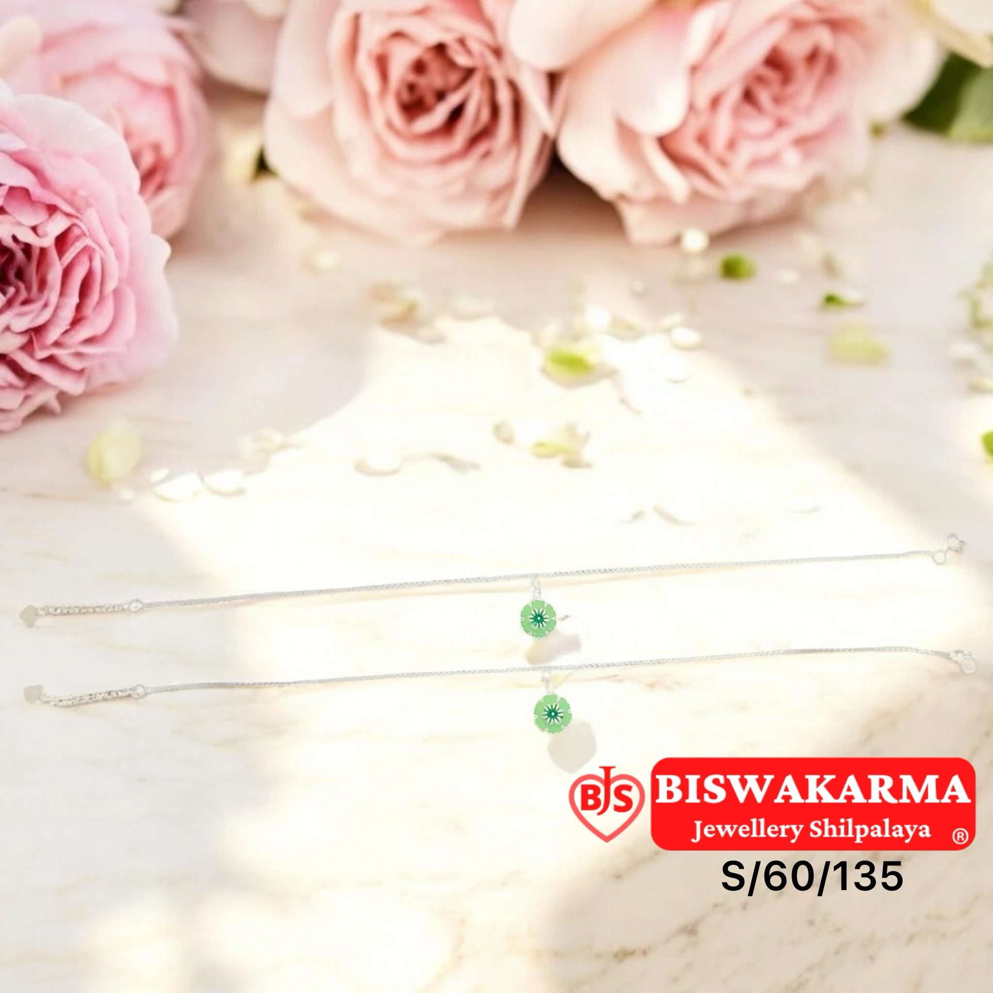 S/60/135 Green Petal Silver Anklet