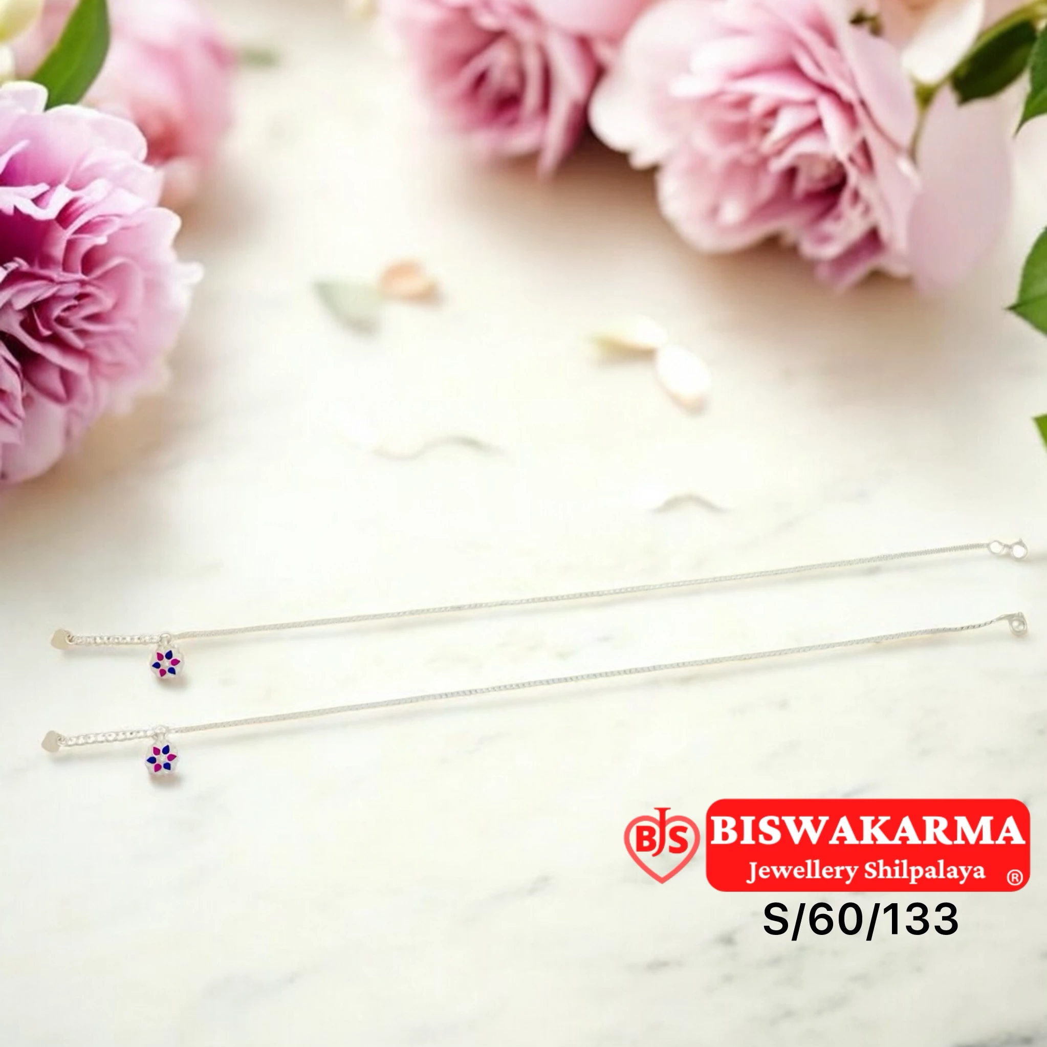 S/60/133 Blue Petal Silver Anklet