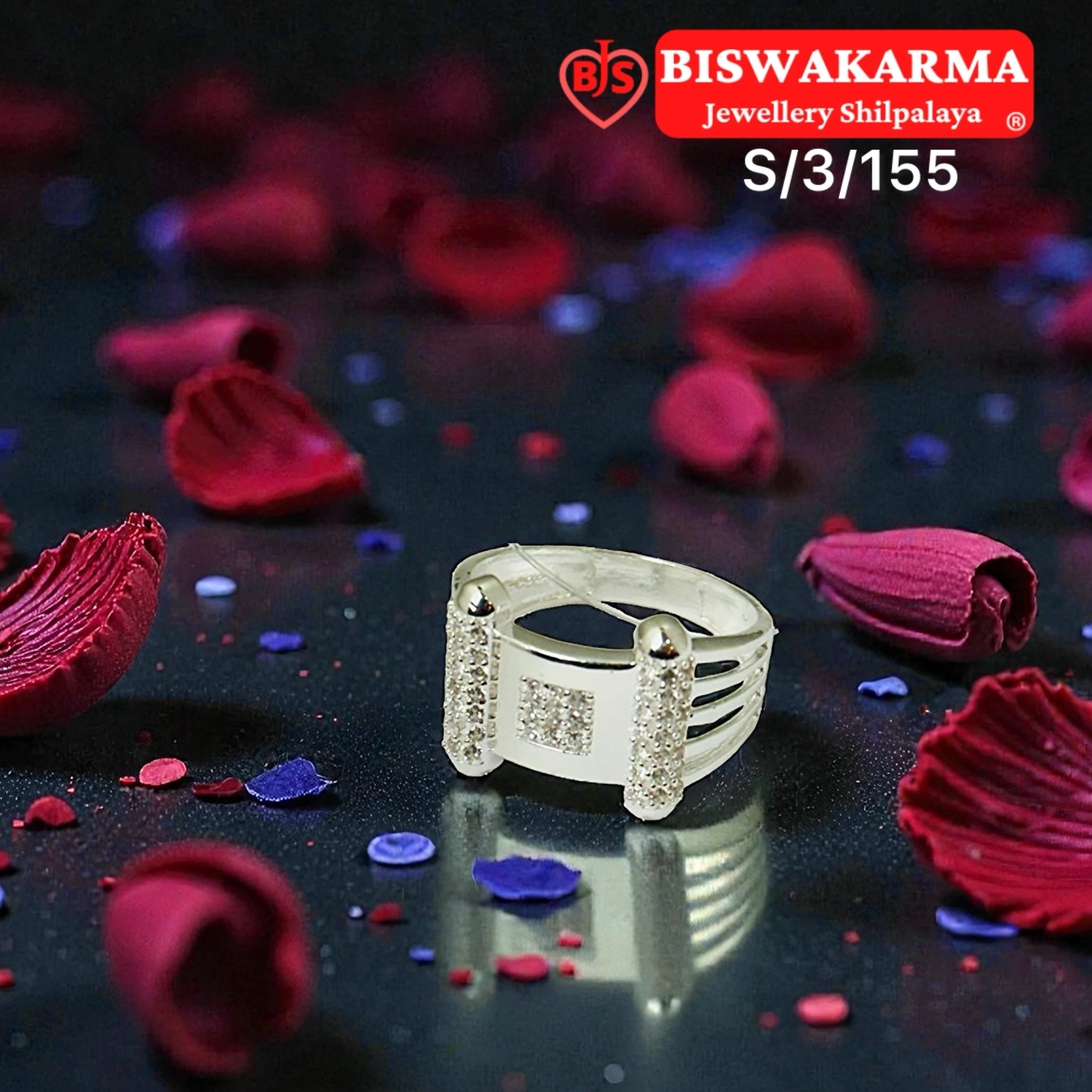 S/3/155 Twin Bar Pavé Silver Gents Ring